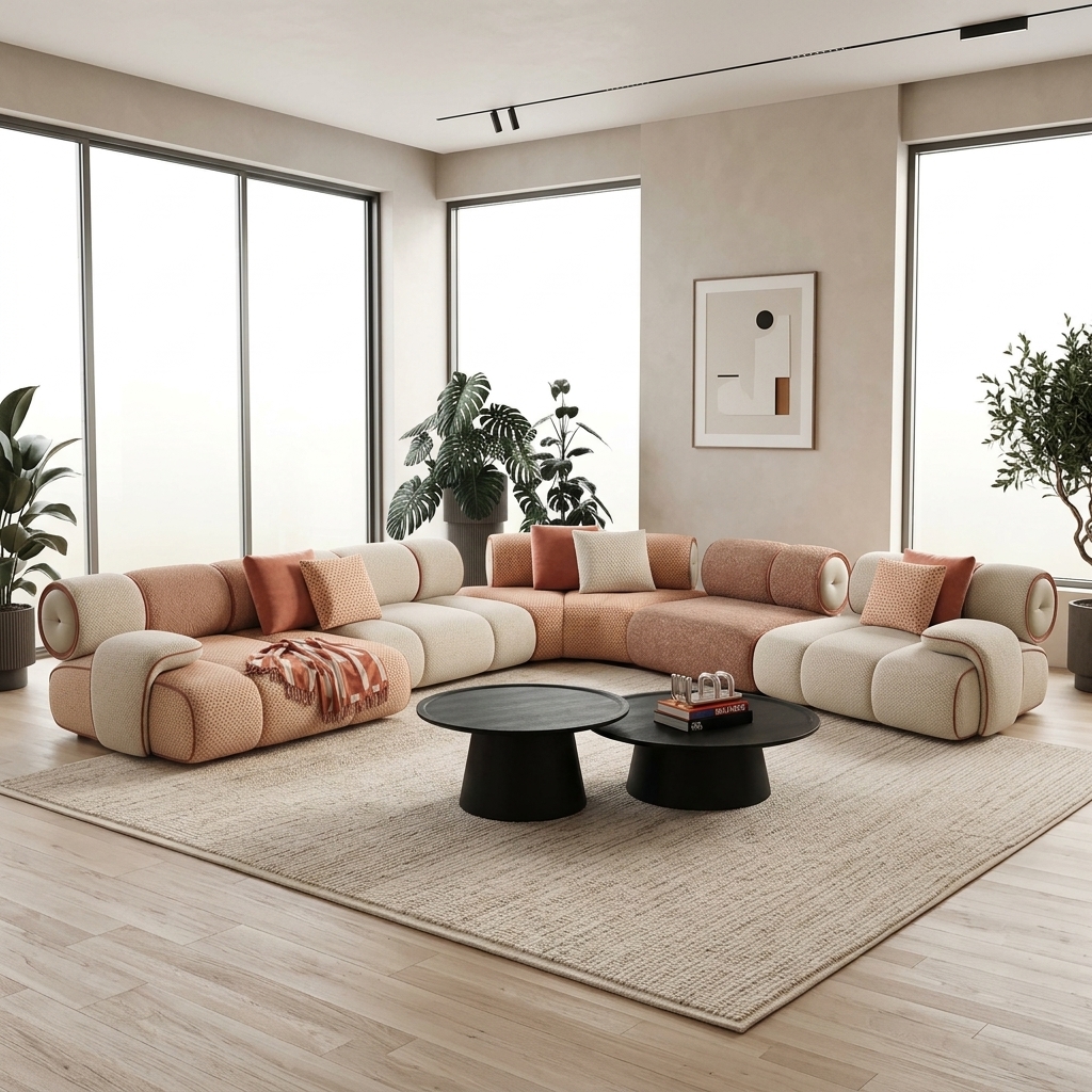 Sofá Seccional Modular Curvo Beige & Terracota, Salas & Cocinas